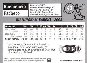 2003 Grandstand Birmingham Barons #6 Enemencio Pacheco Back