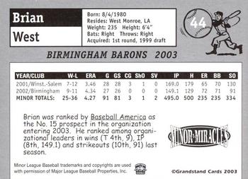 2003 Grandstand Birmingham Barons #10 Brian West Back