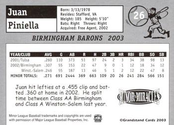 2003 Grandstand Birmingham Barons #23 Juan Piniella Back