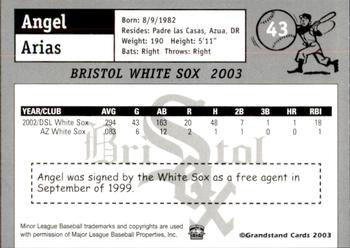 2003 Grandstand Bristol White Sox #1 Angel Arias Back