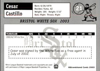 2003 Grandstand Bristol White Sox #5 Cesar Castillo Back