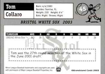 2003 Grandstand Bristol White Sox #7 Tom Collaro Back