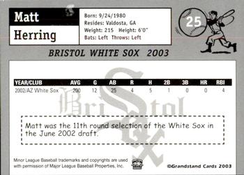 2003 Grandstand Bristol White Sox #11 Matt Herring Back