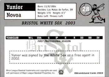 2003 Grandstand Bristol White Sox #17 Yunior Novoa Back