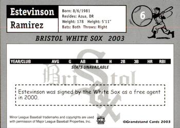 2003 Grandstand Bristol White Sox #21 Estevinson Ramirez Back