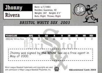 2003 Grandstand Bristol White Sox #22 Jhonny Rivera Back