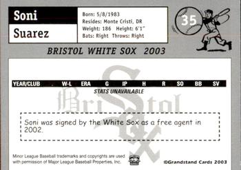 2003 Grandstand Bristol White Sox #25 Sony Suarez Back