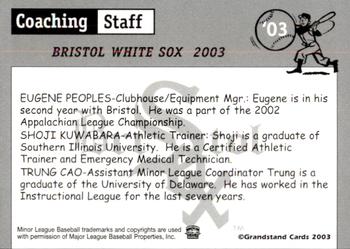 2003 Grandstand Bristol White Sox #31 Eugene Peoples / Shoji Kuwabara / Trung Cao Back