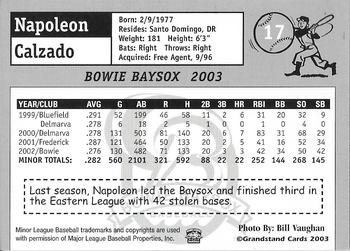 2003 Grandstand Bowie Baysox #1 Napoleon Calzado Back
