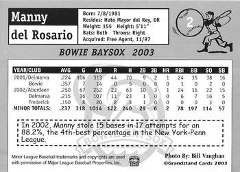 2003 Grandstand Bowie Baysox #3 Manny del Rosario Back