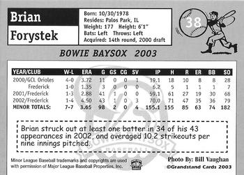 2003 Grandstand Bowie Baysox #5 Brian Forystek Back