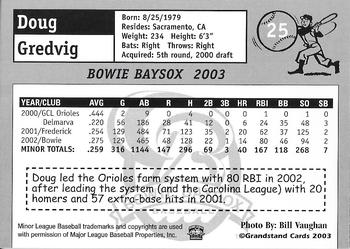 2003 Grandstand Bowie Baysox #6 Doug Gredvig Back