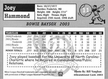 2003 Grandstand Bowie Baysox #7 Joey Hammond Back