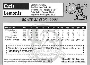 2003 Grandstand Bowie Baysox #9 Chris Lemonis Back