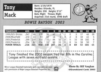 2003 Grandstand Bowie Baysox #10 Tony Mack Back