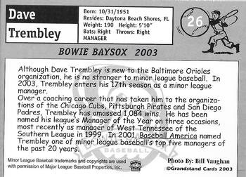 2003 Grandstand Bowie Baysox #26 Dave Trembley Back