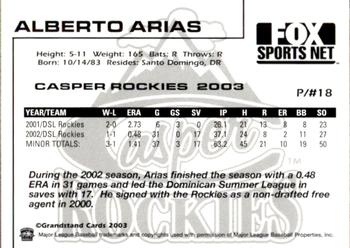 2003 Grandstand Casper Rockies #1 Alberto Arias Back