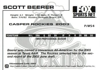 2003 Grandstand Casper Rockies #2 Scott Beerer Back