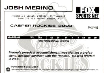 2003 Grandstand Casper Rockies #9 Josh Merino Back