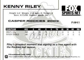 2003 Grandstand Casper Rockies #17 Kenny Riley Back