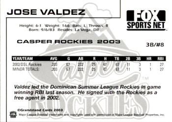 2003 Grandstand Casper Rockies #26 Jose Valdez Back