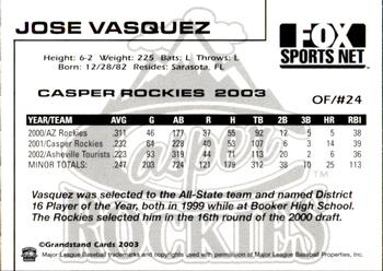 2003 Grandstand Casper Rockies #27 Jose Vasquez Back