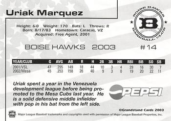 2003 Grandstand Boise Hawks #NNO Uriak Marquez Back