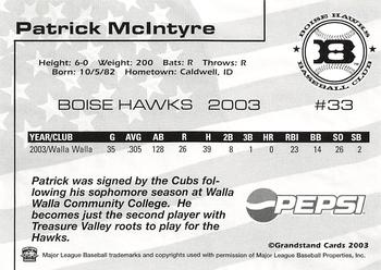 2003 Grandstand Boise Hawks #NNO Patrick McIntyre Back