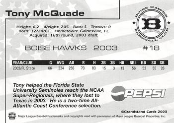 2003 Grandstand Boise Hawks #NNO Tony McQuade Back