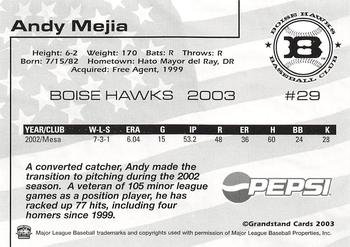 2003 Grandstand Boise Hawks #NNO Andy Mejia Back
