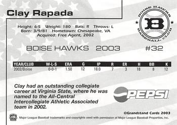 2003 Grandstand Boise Hawks #NNO Clay Rapada Back