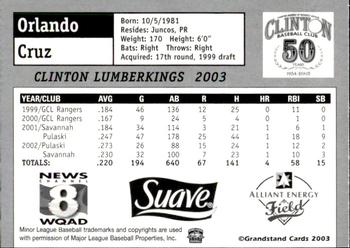 2003 Grandstand Clinton LumberKings #NNO Orlando Cruz Back
