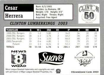 2003 Grandstand Clinton LumberKings #NNO Cesar Herrera Back