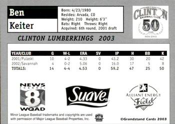 2003 Grandstand Clinton LumberKings #NNO Ben Keiter Back