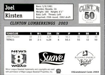 2003 Grandstand Clinton LumberKings #NNO Joel Kirsten Back