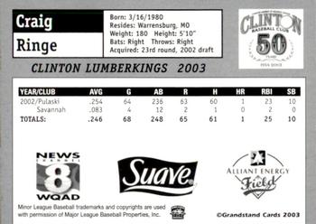 2003 Grandstand Clinton LumberKings #NNO Craig Ringe Back