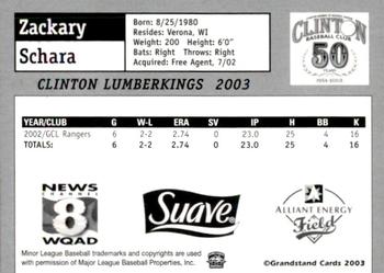 2003 Grandstand Clinton LumberKings #NNO Zackary Schara Back