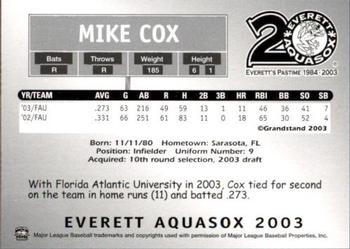 2003 Grandstand Everett AquaSox #NNO Mike Cox Back