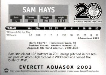 2003 Grandstand Everett AquaSox #NNO Sam Hays Back