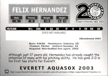 2003 Grandstand Everett AquaSox #NNO Felix Hernandez Back