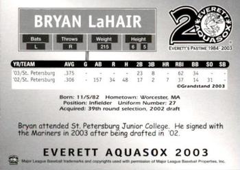 2003 Grandstand Everett AquaSox #NNO Bryan LaHair Back