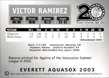 2003 Grandstand Everett AquaSox #NNO Victor Ramirez Back