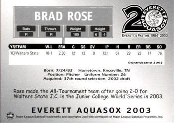2003 Grandstand Everett AquaSox #NNO Brad Rose Back