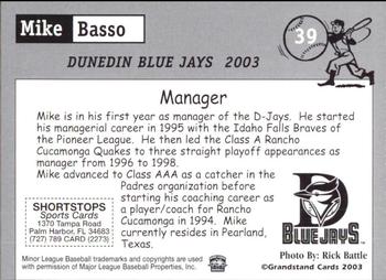 2003 Grandstand Dunedin Blue Jays #NNO Mike Basso Back