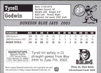 2003 Grandstand Dunedin Blue Jays #NNO Tyrell Godwin Back
