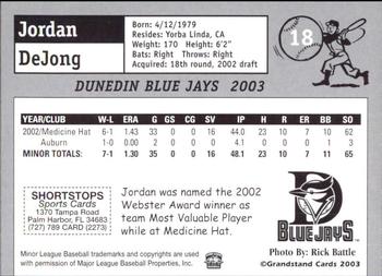2003 Grandstand Dunedin Blue Jays #NNO Jordan De Jong Back