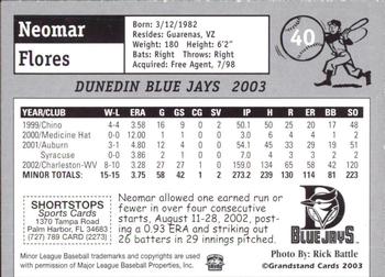 2003 Grandstand Dunedin Blue Jays #NNO Neomar Flores Back