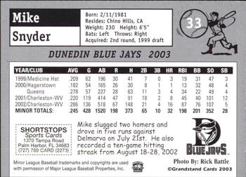 2003 Grandstand Dunedin Blue Jays #NNO Mike Snyder Back