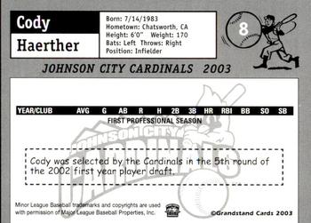 2003 Grandstand Johnson City Cardinals #19 Cody Haerther Back