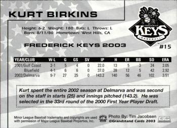 2003 Grandstand Frederick Keys #NNO Kurt Birkins Back